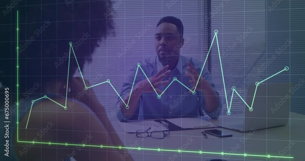 Aufkleber animation of graph and grid pattern over diverse coworkers discussing reports on laptop in office