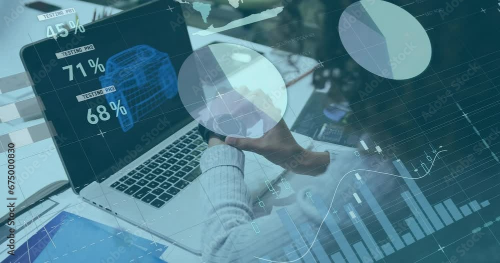 Poster animation of infographic interface, biracial woman using smartwatch while working on 3d model of car
