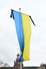 there is a large ukraine flag waving in the wind on a pole
