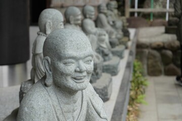 Fototapeta na wymiar Array of Buddhist sculptures crafted from a stone line the path in a scenic outdoor setting