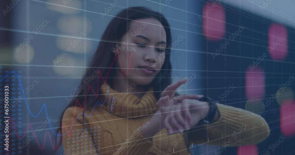 Poster animation of multiple graphs with changing numbers over smiling asian woman scrolling on smartwatch
