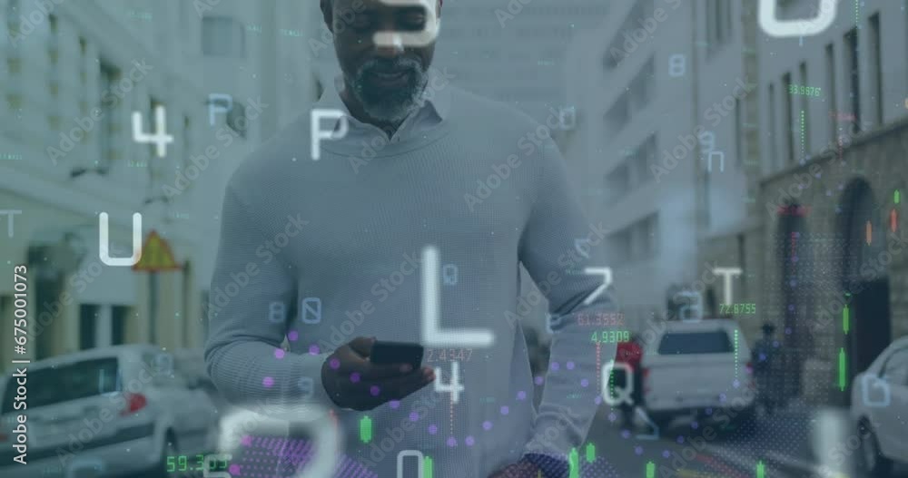 Poster animation of graphs, changing numbers and letters over african american man using voice assistant