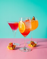 Vertical of three glasses of cocktail on a vibrant background