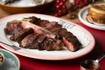 Closeup of a white plate with steak slices