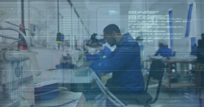Animation of graphs, binary codes and computer language, african american working in factory