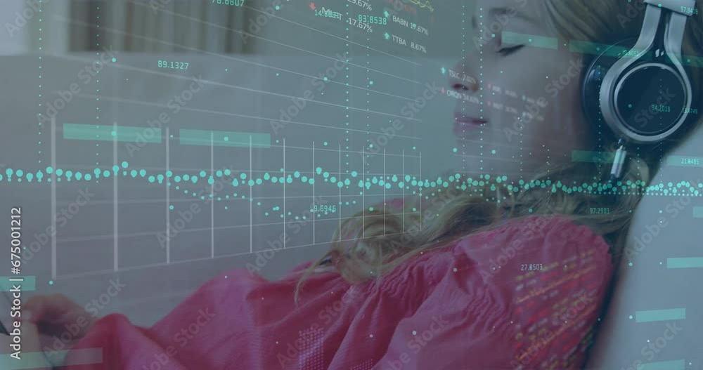 Poster Animation of graphs, trading boards, caucasian woman listening to music and using cellphone