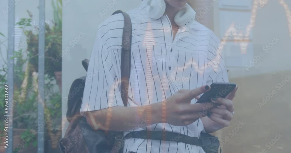 Poster animation of graphs and up arrows over biracial man with travel bag scrolling on smartphone