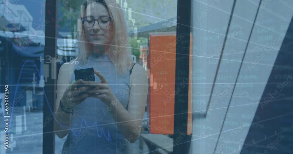 Poster animation of graphs with changing numbers over smiling caucasian woman chatting using cellphone