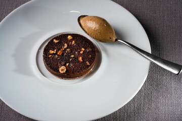Closeup of a chocolate pudding on a plate