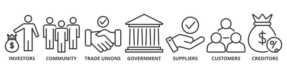 Stakeholder relationship banner web icon vector illustration concept for stakeholder, investor, government, and creditors with icon of community, trade unions, suppliers, and customers