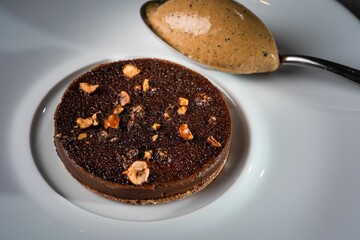 Closeup of a chocolate pudding on a plate