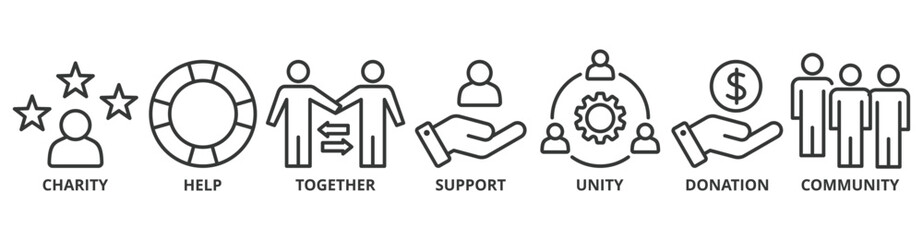 Volunteering banner web icon vector illustration concept for volunteer aid assistant with icon of charity, help, together, support, unity, donation, and community