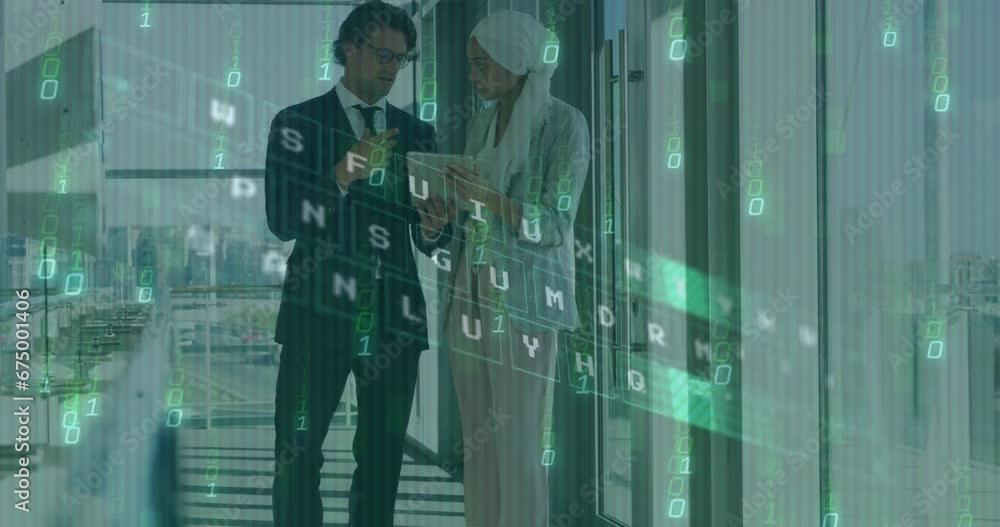 Poster animation of binary codes, illuminated pattern on keyboard, diverse couple discussing reports