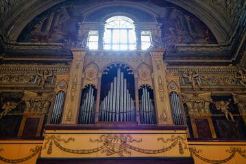 Low angle of organ pipes in a church
