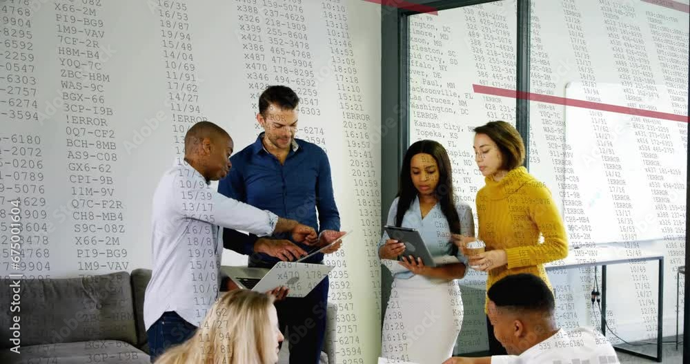 Poster animation of changing numbers and letters over diverse coworkers discussing reports in office