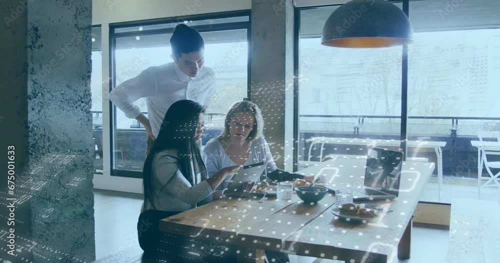 Poster animation of binary codes over diverse coworkers discussing reports on digital tablet