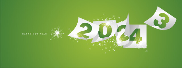 Happy new year 2024 and the end of 2023. Winter holiday greeting card design template on lucky green background. New year 2024 and the end of 2023 on white calendar sheets and sparkle firework