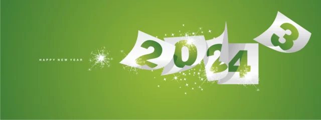 Fotobehang Happy new year 2024 and the end of 2023. Winter holiday greeting card design template on lucky green background. New year 2024 and the end of 2023 on white calendar sheets and sparkle firework © simbos