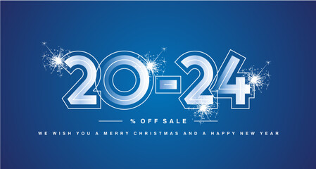 2024 design numbers in shape 20-24 % off sale with line neon numbers over. We wish you Merry Christmas Happy New Year. Sparkle firework abstract white on blue background for banner, poster