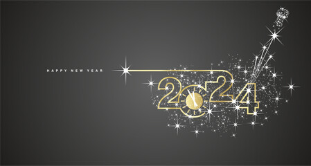 2024 Happy New Year. Clock countdown. 2024 in the form of a line design with champagne cork with shining sparkle firework golden white black banner vector - obrazy, fototapety, plakaty