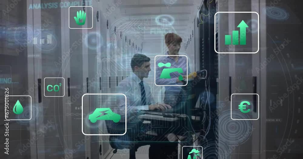Poster animation of icons, circles over caucasian engineers using laptop to check data server system