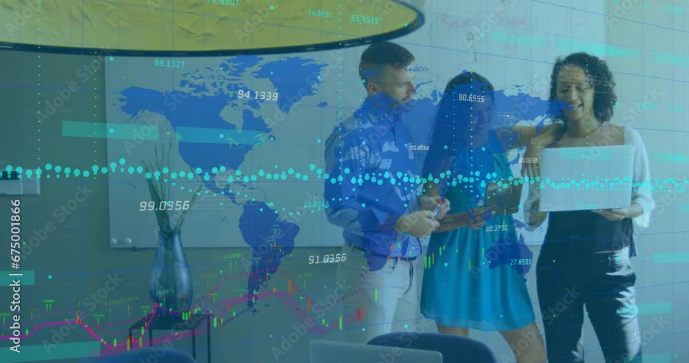 Sticker Animation of graphs, numbers and map over diverse coworkers discussing reports on laptop