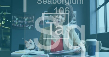 Animation of chemical elements symbols and atomic numbers, biracial woman discussing on video call - Powered by Adobe