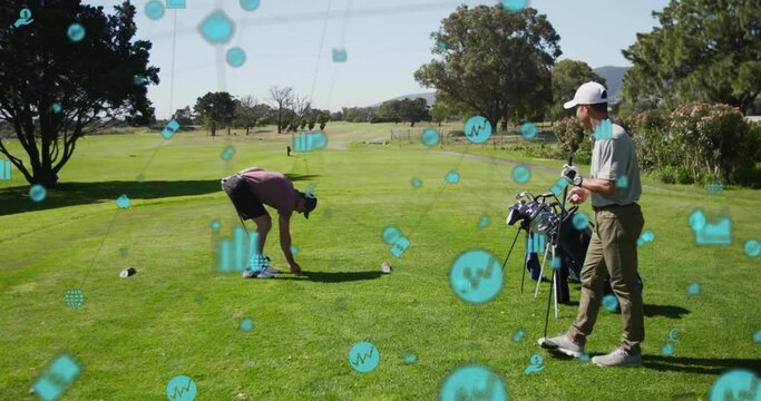 Animation of connected icons over caucasian golf player placing ball on ground for taking shot