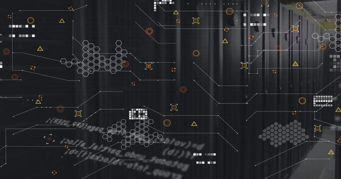 Animation of computer language, geometric shapes, circuit board pattern over server room