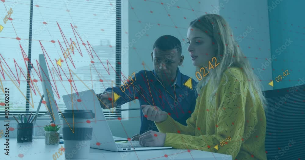 Poster animation of multiple graphs, changing numbers over diverse coworkers discussing reports on laptop