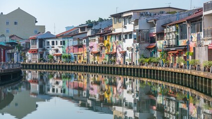 Fototapeta na wymiar Picturesque, historic streets located along the Malacca River in the city of Malacca, Malaysia