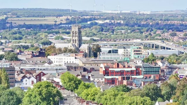 Doncaster With Church Of St George Tower In The Background In South Yorkshire, England. Aerial Drone Shot