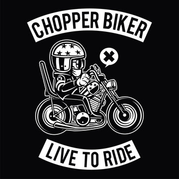 This illustration depicts a dashing man riding a chopper motorcycle with passion and freedom. The man is wearing classic biker attire, complete with a leather jacket, sunglasses, and a motorcycle cap.