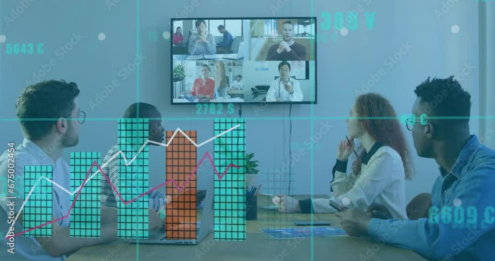 Poster animation of graphs and changing numbers over diverse coworkers discussing on video call in office