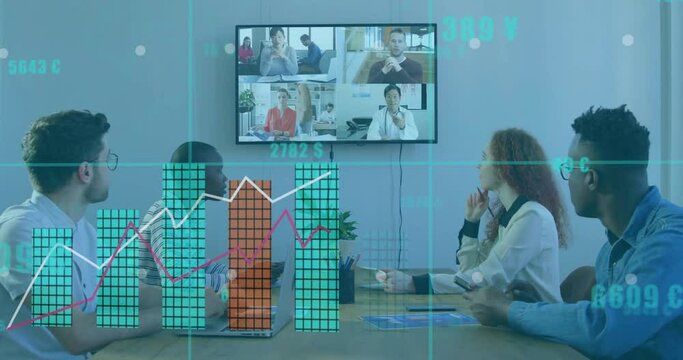 Animation of graphs and changing numbers over diverse coworkers discussing on video call in office