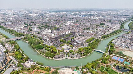 Aerial view of the city view of Dashuiwan Park, Yangzhou City, China, Beijing-Hangzhou Grand Canal