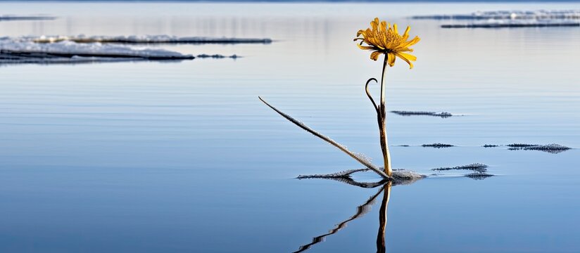In the winter against the blue backdrop of the sky a wildflower with a yellow vibrant stem stood tall along the icy riverbank reflecting its natural beauty in the crystal clear water of the 