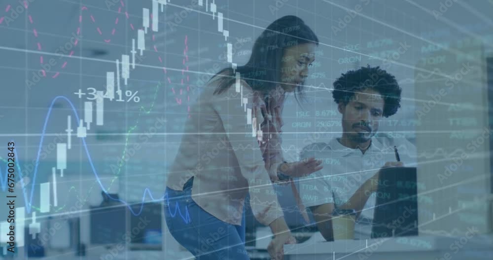 Poster animation of graphs moving over multiracial colleagues discussing over computer at desk in office