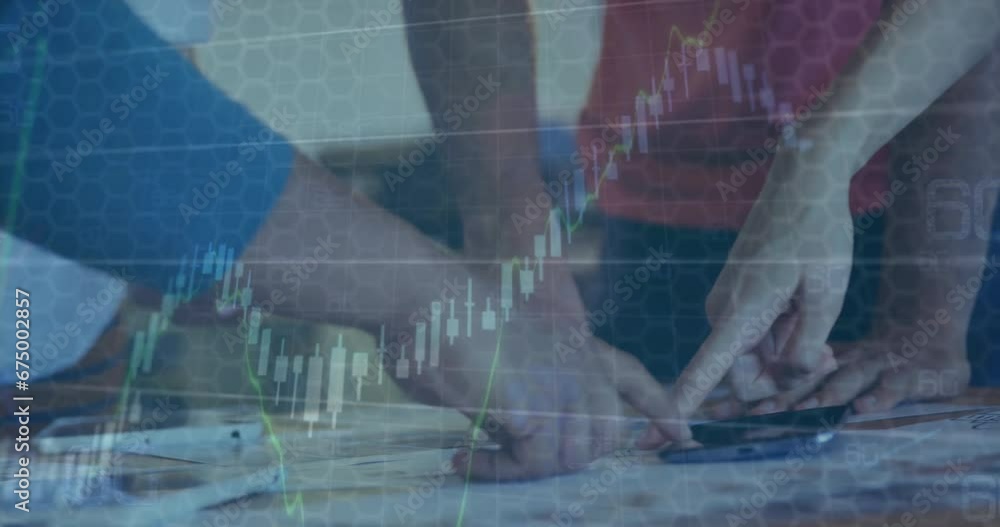 Poster animation of graphs moving over diverse hands of business people pointing at report on desk