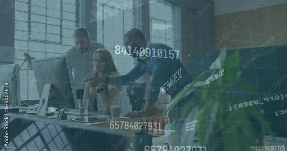 Poster animation of programming language over diverse colleagues discussing over computer in office