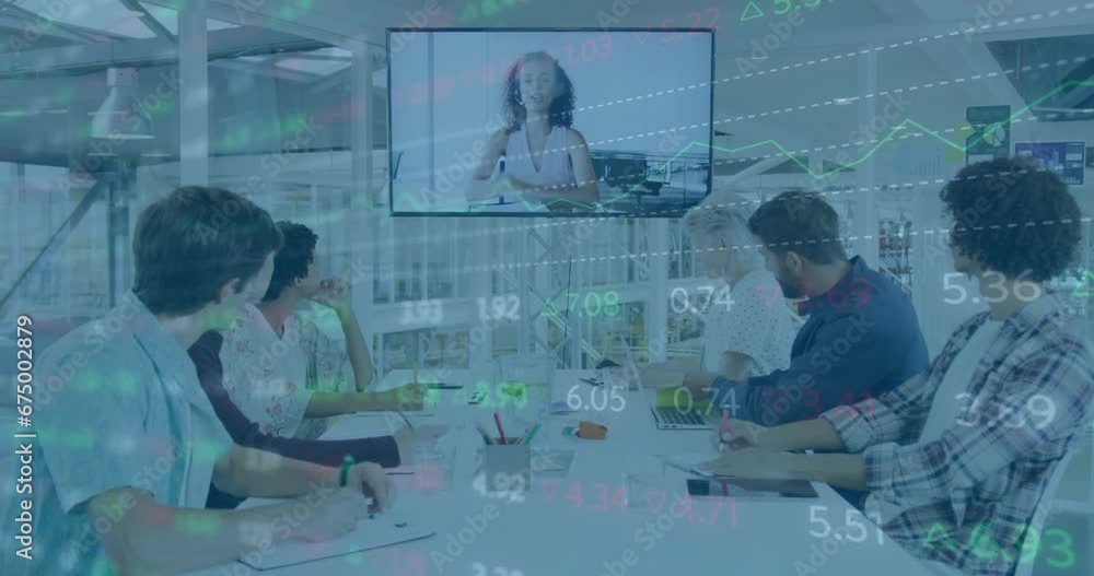 Poster animation of changing numbers over diverse colleagues discussing with client over video call