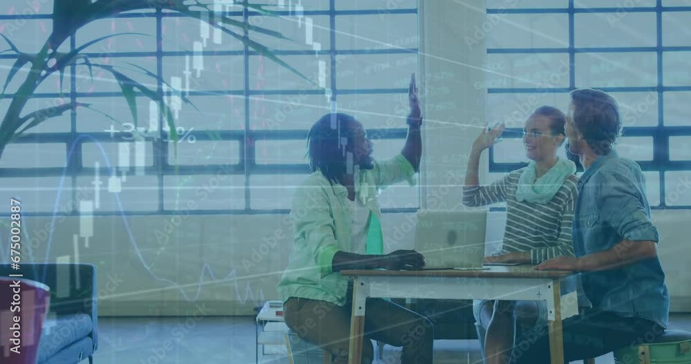 Aufkleber animation of graph with numbers over diverse colleagues giving high-five while sitting in office