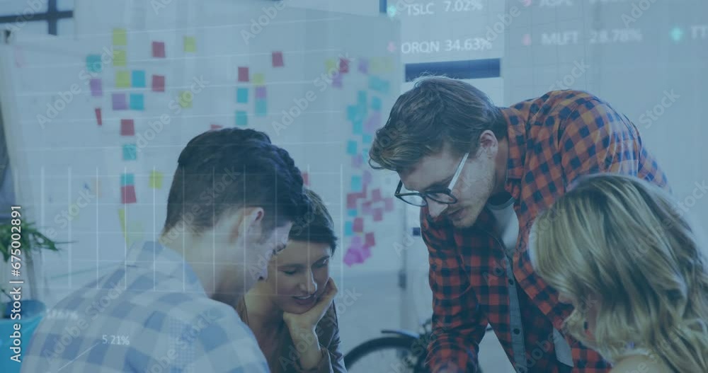 Poster animation of infographic interface over caucasian businessman explaining blueprint to colleagues