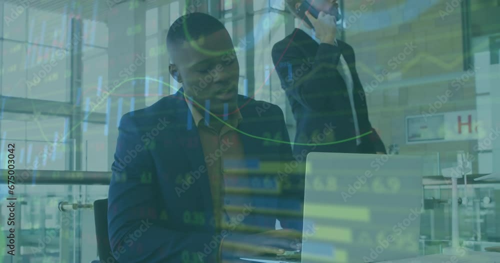 Poster animation of infographic interface over diverse businessman talking on cellphone and using laptop