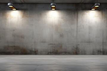 Empty concrete room wall and glowing lamps.generative ai.