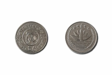 Closeup of Bangladeshi taka, 25 poisha coin on a white background