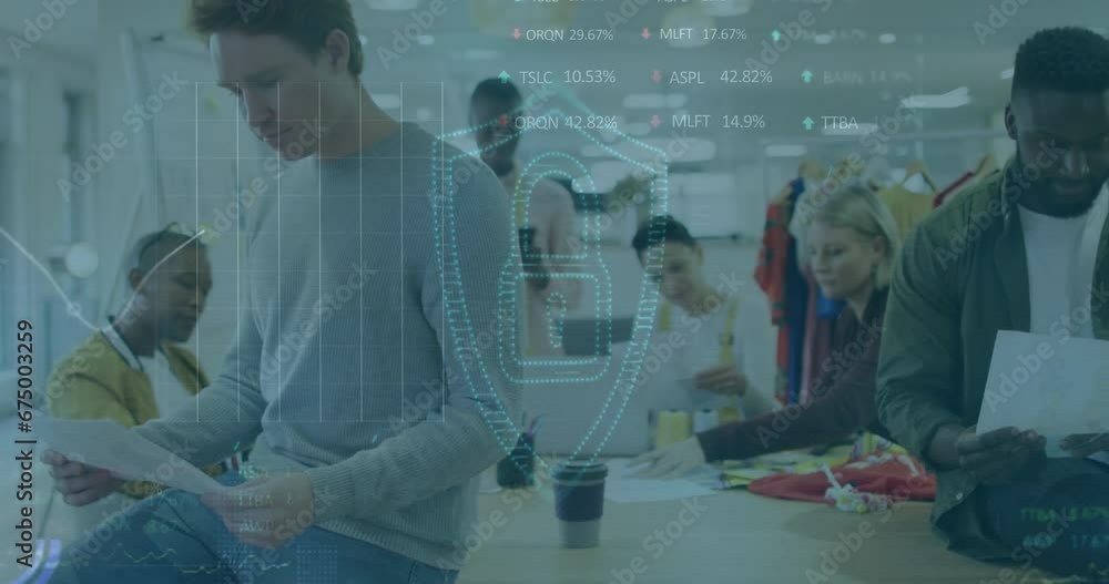 Poster animation of lock in shield with data over diverse colleagues reading documents at desk in office