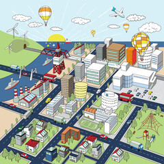 海沿いのにぎわいのある街並みの俯瞰イラスト