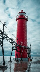 Red lighthouse stands beside a dock in the middle of a calm ocean