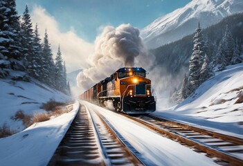 AI-generated illustration of a train chugging through a winter landscape of snow-capped mountains - obrazy, fototapety, plakaty
